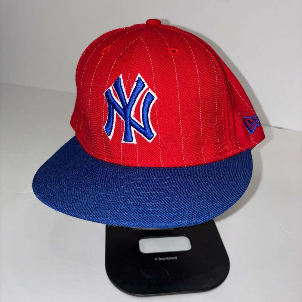 New Era New York Yankees 59FIFTY Fitted Hat Size 7 1/4 Red Blue Pinstripe Custom
